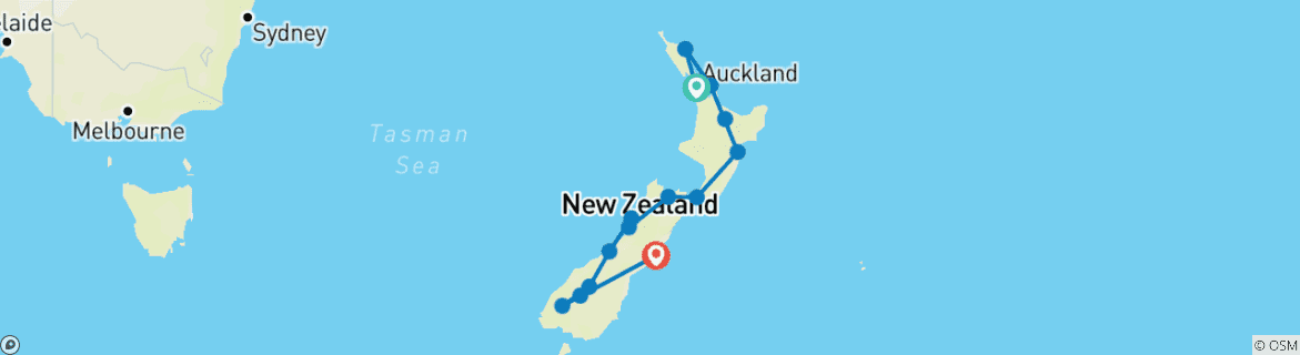 Karte von Neuseeland zum Verweilen (Auckland-Christchurch)