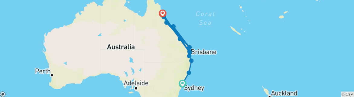 Map of East Coast on your own (Sydney - Cairns, 16 nights)