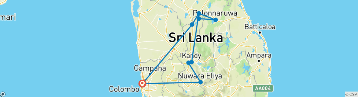 Kaart van Koninklijke steden van Sri Lanka (groepsreis)