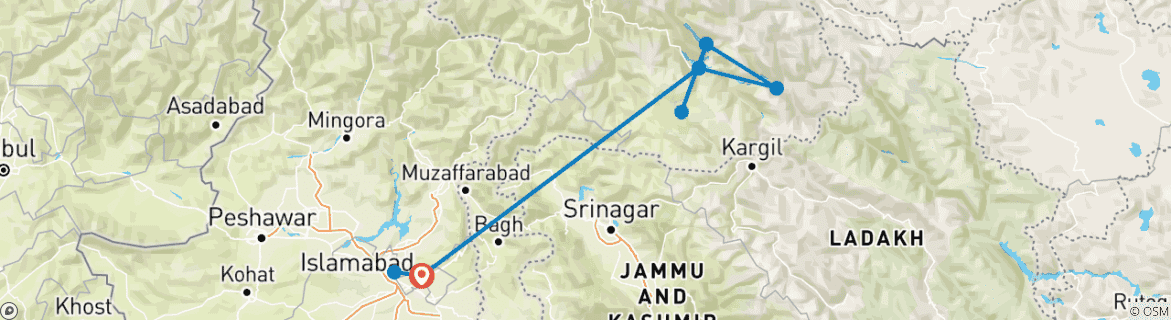Image of a map showing the route of the tour