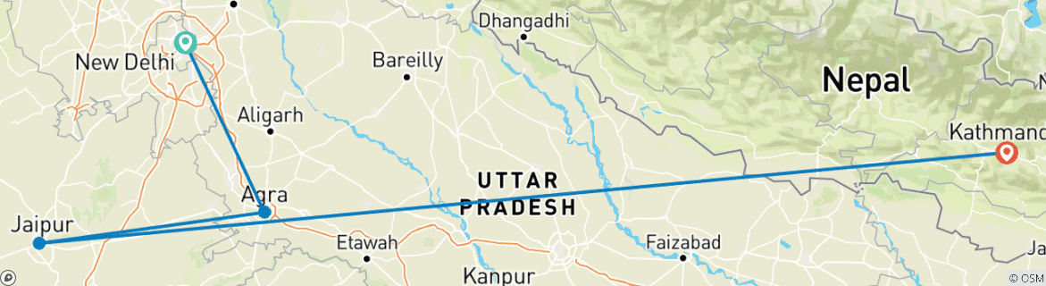 Map of Independent India & Nepal: The Golden Triangle and Kathmandu