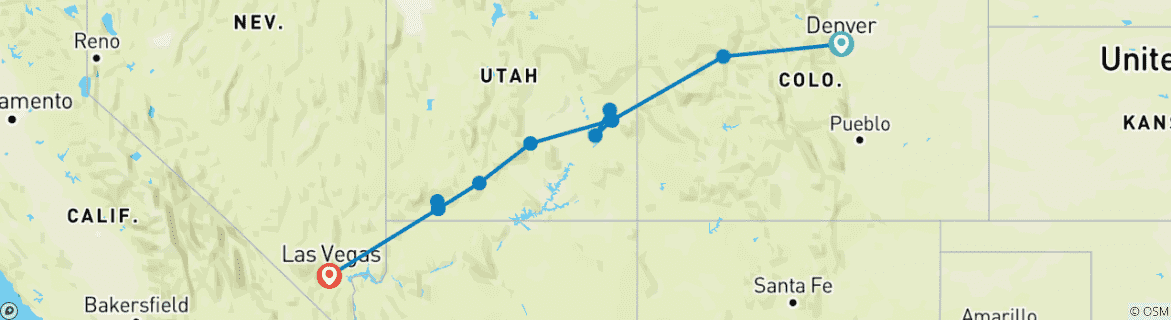 Karte von Utahs Mighty Five und die Rockies mit Rocky Mountaineer (von Denver, CO nach Las Vegas, NV)