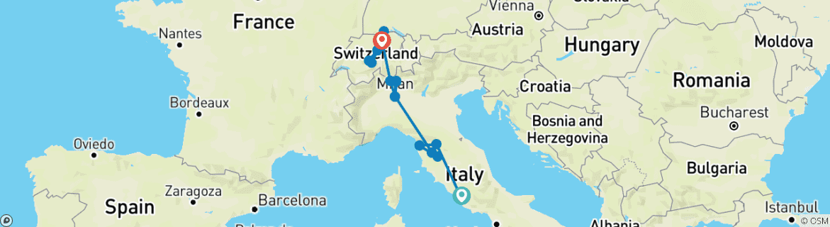 Karte von 13 Tage Highlights von Italien und der Schweiz Tour Paket