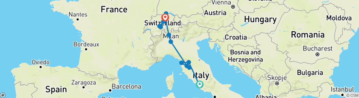 Map of 13 Day Highlights of Italy and Switzerland Tour Package