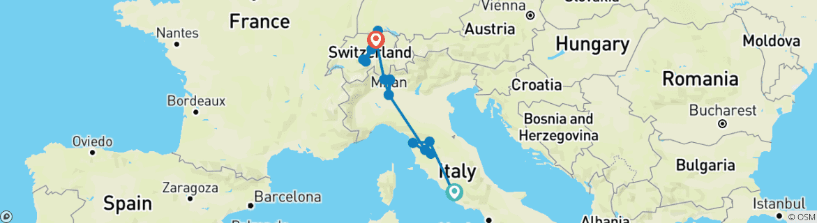 Image of a map showing the route of the tour