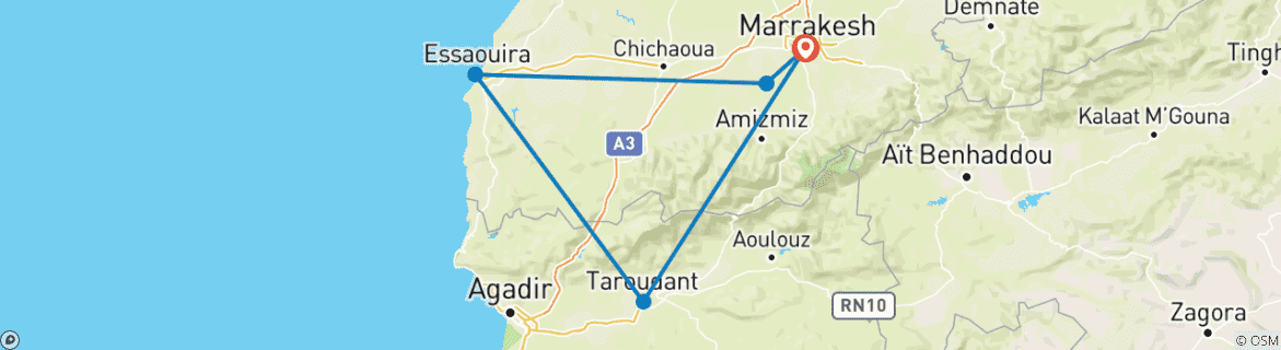 Image of a map showing the route of the tour