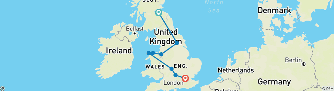 Kaart van Britse landschappen met Engeland, Schotland en Wales (Edinburgh tot Londen) (2025)