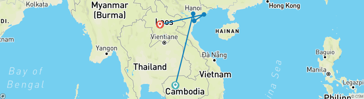 Karte von Indochina: Goldenes Dreieck mit Kambodscha, Vietnam & Laos 10 Tage