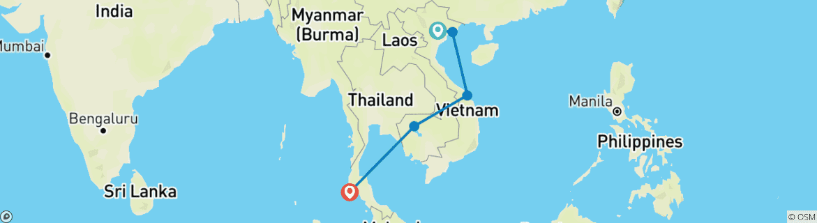 Karte von Vietnam, Kambodscha & Thailand Privatreise 10 Tage