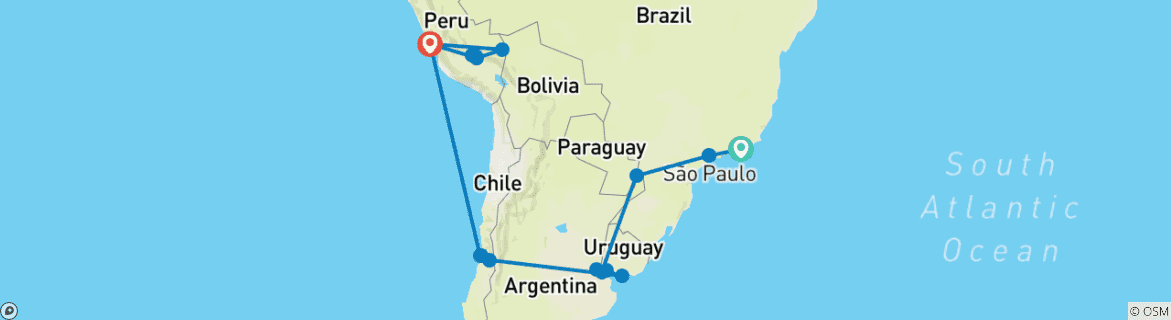 Map of 【South America】 21 days 5-country tour to Brazil, Argentina, Uruguay, Chile, Peru Package