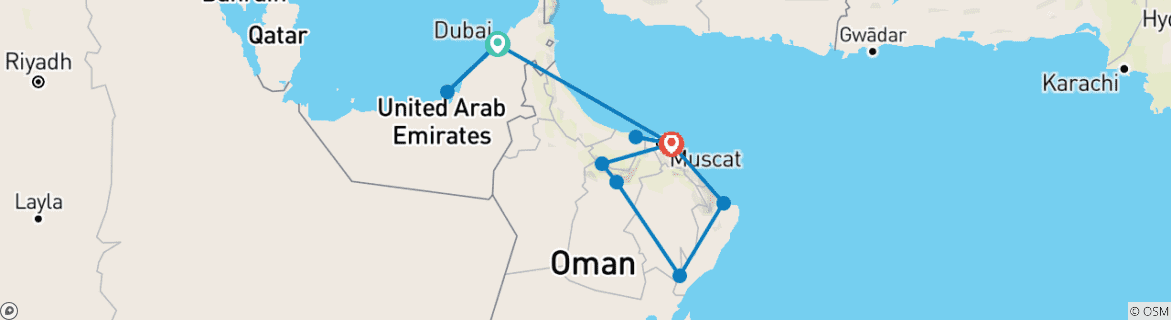 Map of Emirates and Oman round trip