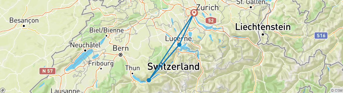 Map of 6 Days Trip to Switzerland (Exploring Zurich Lucerne and Interlaken)