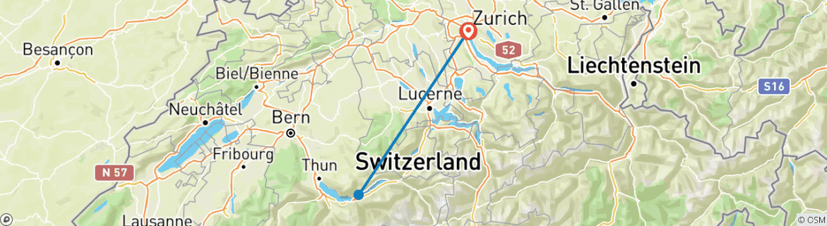 Map of Switzerland in 5 days (Stay in Zurich and Interlaken)