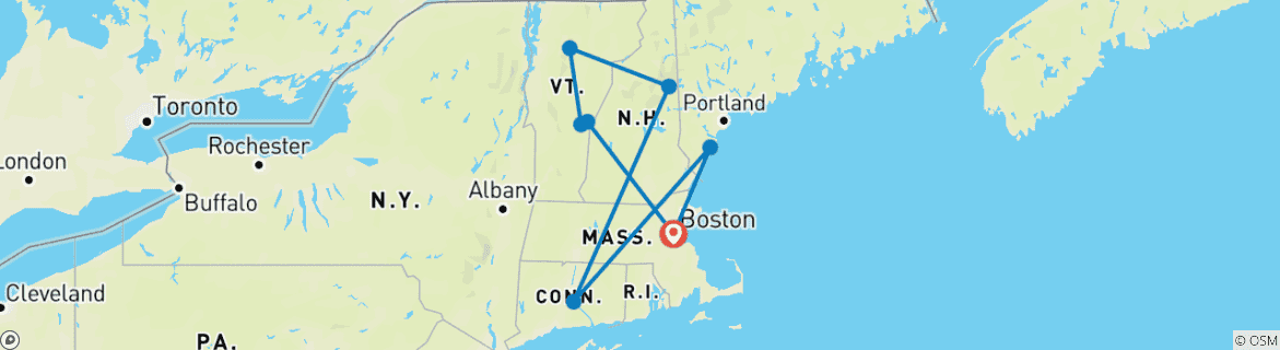 Kaart van Kleuren van New England – van Boston, MA naar Portland, ME