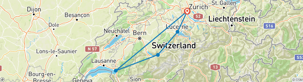 Carte du circuit Voyage en Suisse couvrant Zurich, Lucerne, Interlaken et Montreux (en 9 jours)