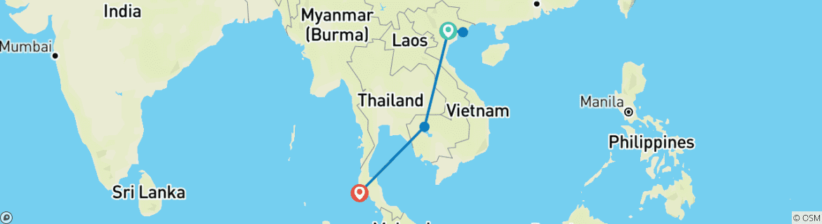 Map of Schätze Südostasiens mit Vietnam, Kambodscha und Thailand 11 Tage