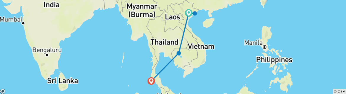 Karte von Schätze Südostasiens mit Vietnam, Kambodscha und Thailand 11 Tage