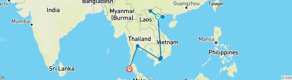 Kaart van Prachtige 14-daagse reis door Vietnam en Thailand
