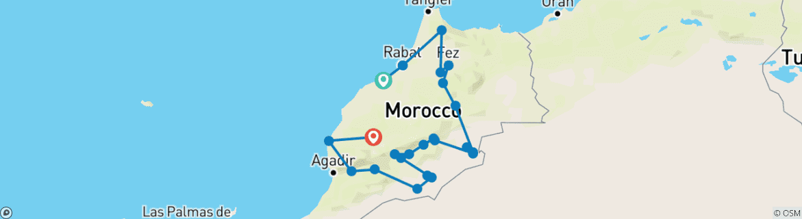 Image of a map showing the route of the tour