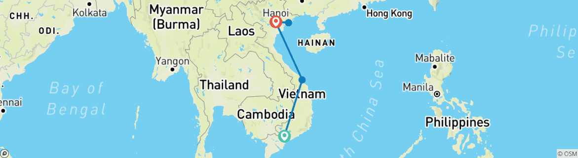 Image of a map showing the route of the tour