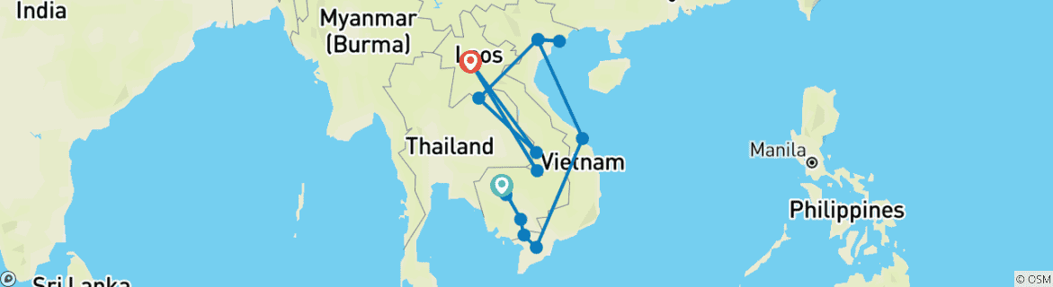 Kaart van Indochina ontdekken: 19 dagen in Cambodja, Vietnam, Laos