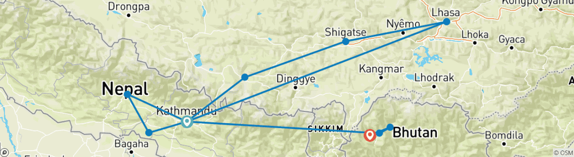 Map of Nepal Tibet Bhutan Tour-18 days