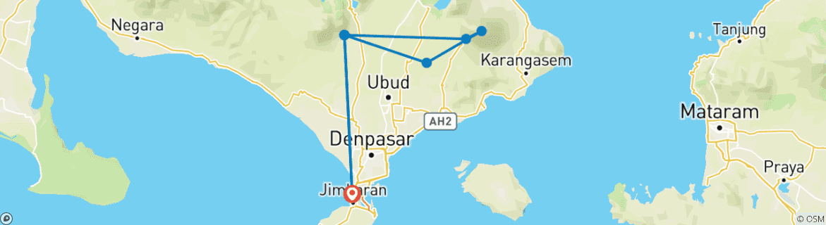 Carte du circuit 3 jours à Bali avec circuits aux temples : Temple de Besakih, village de Penglipuran et plus encore.