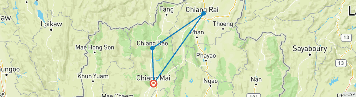 Map of 8 Days Enjoy Highlights of Chiang Mai and Chiang Rai.