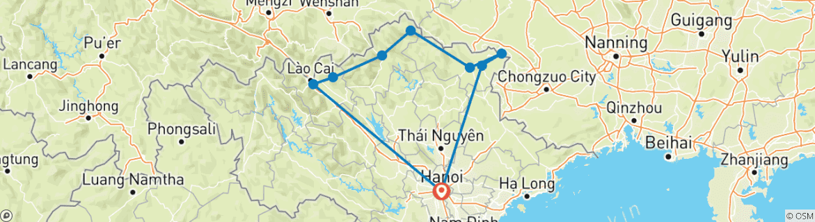 Image of a map showing the route of the tour