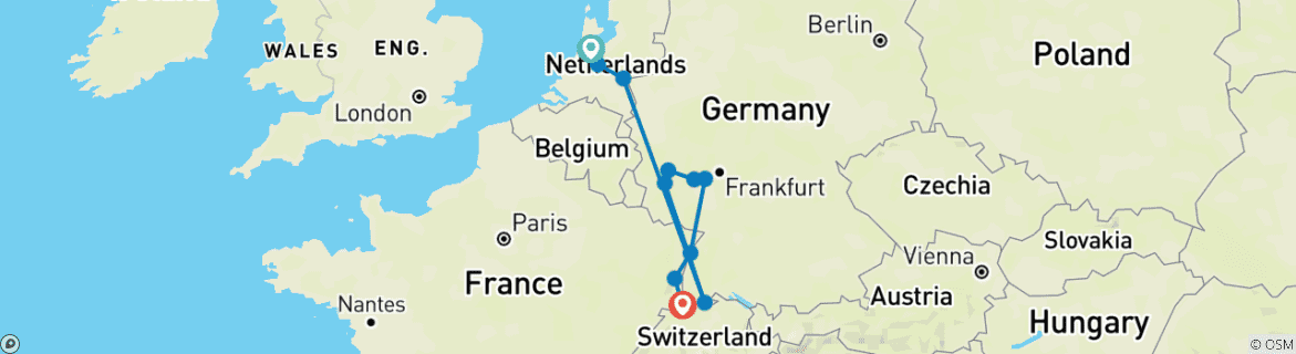 Image of a map showing the route of the tour