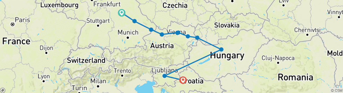 Map of Danube in Depth with Ljubljana & Zagreb 2025|2026 - 14 Days (from Nuremberg to Zagreb)