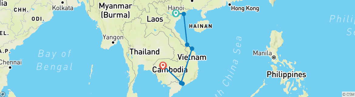 Map of Highlights of Vietnam & Cambodia 14D