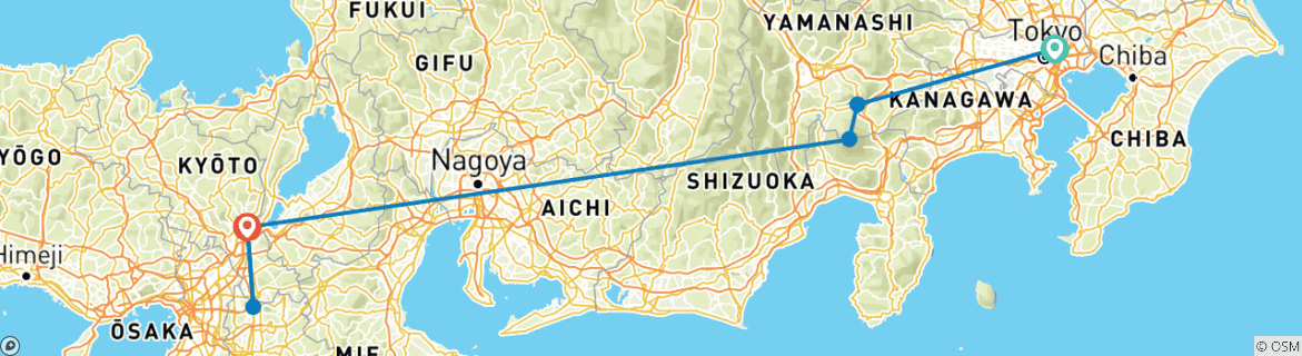 Image of a map showing the route of the tour