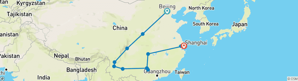 Carte du circuit Circuit personnalisé de 21 jours en Chine avec guide et chauffeur privés, départ quotidien et sans groupe