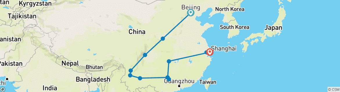 Map of 21 Days Customized China Tour, Daily Start & No Group