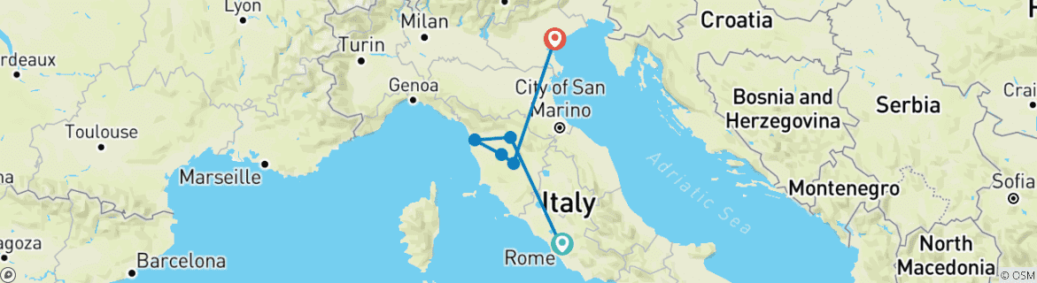 Map of 10 Day Highlights of Italy Tour Package - Rome, Florence, Tuscany & Venice