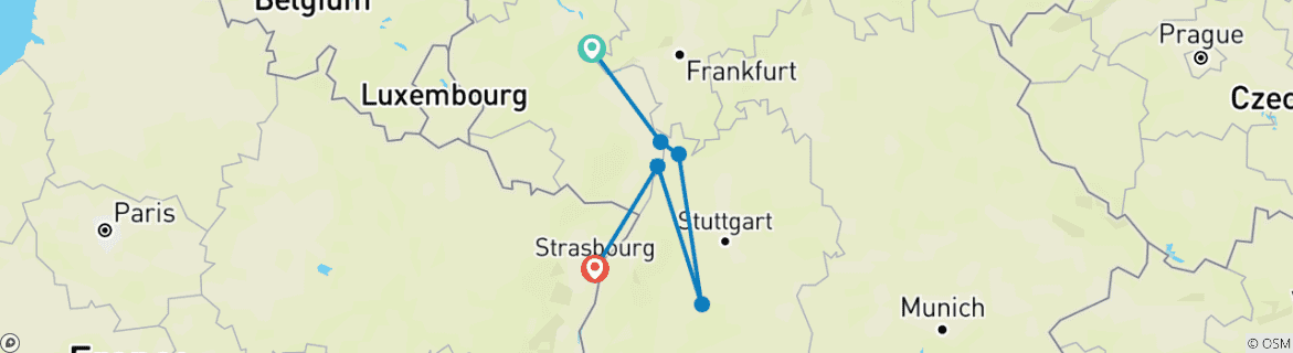 Image of a map showing the route of the tour