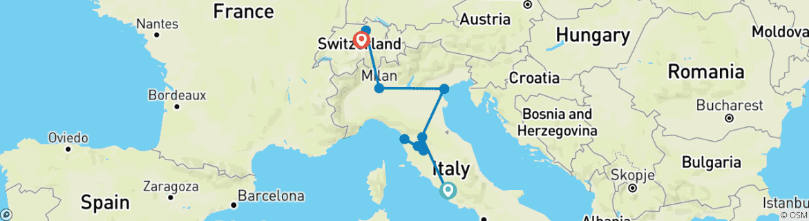 Map of 10 Day Highlights of Italy & Switzerland Tour Package