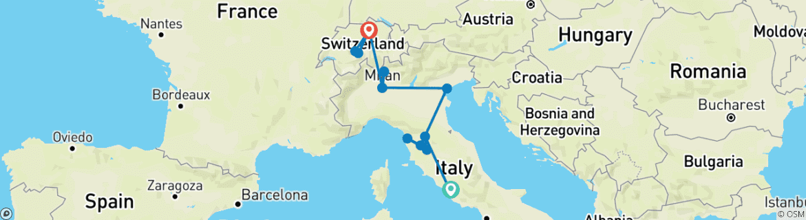 Carte du circuit Circuit de 10 jours en Italie et en Suisse