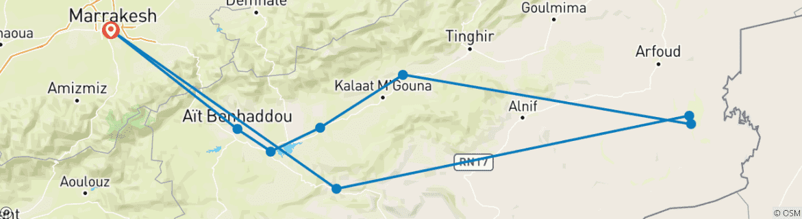 Kaart van Privé 3-daagse tocht door de woestijn van Marrakech naar Merzouga | Luxe woestijnkamp