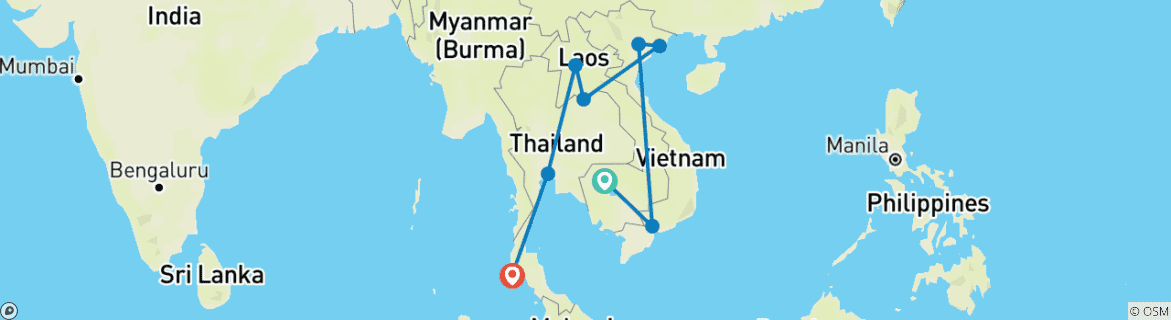 Kaart van 21 Dagen Fantastische Rondreis door Vietnam, Cambodja, Thailand & Laos (privégids & chauffeur）