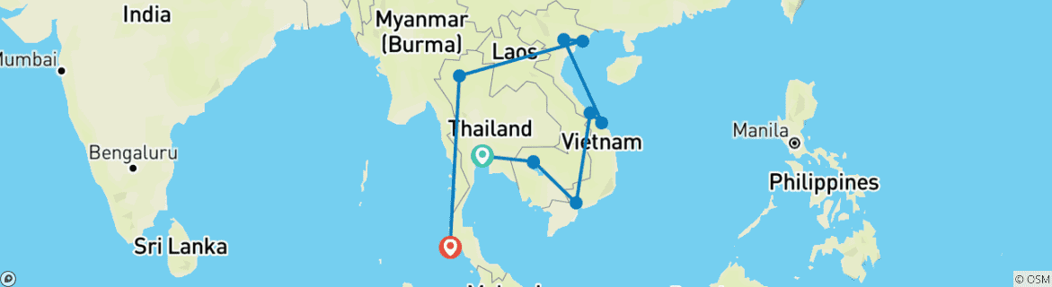 Map of 23 Days Circle around Thailand, Cambodia & Vietnam (private guide & driver）