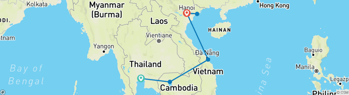 Kaart van 14 Dagen Een Episch Thailand, Cambodja en Vietnam (privégids & chauffeur）