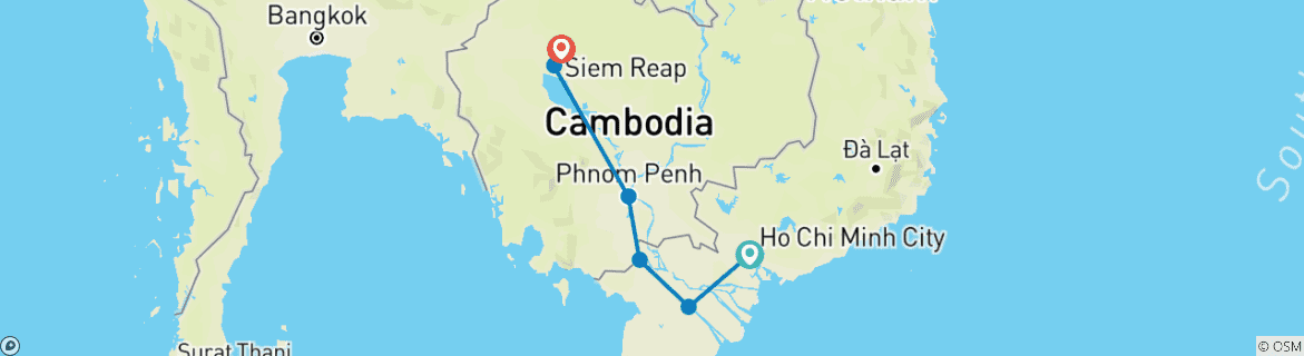 Map of Vietnam and Cambodia: Cycling Saigon to Angkor Wat 6 Days