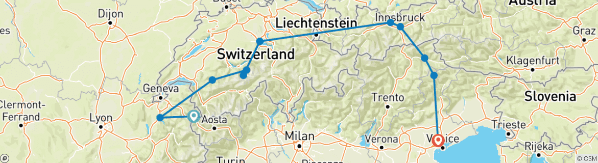 Carte du circuit Les sommets d'Europe : Des Alpes aux Dolomites avec la France, la Suisse, le Liechtenstein, l'Autriche et l'Italie (de Chamonix à Mogliano Veneto) (2025)