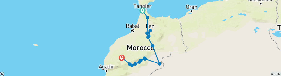 Image of a map showing the route of the tour
