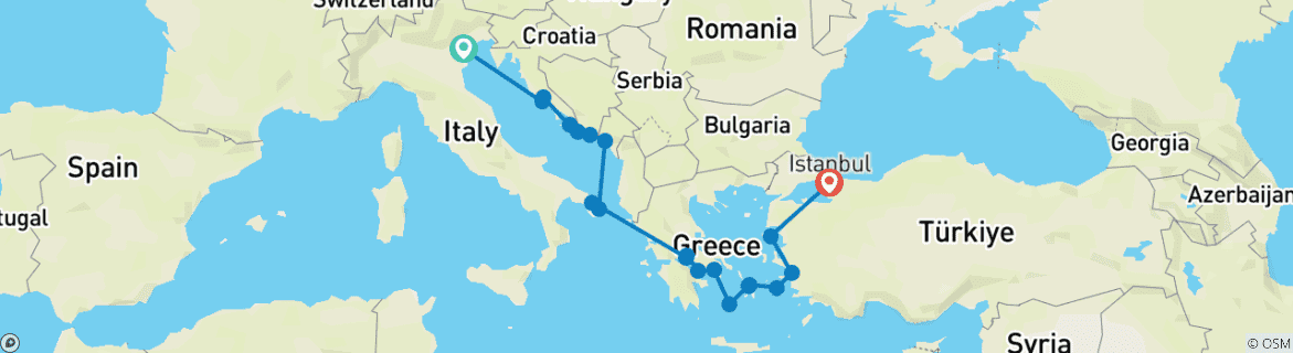 Carte du circuit Trésors de la Méditerranée Venise → Istanbul (2025) (20 destinations)