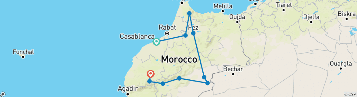 Image of a map showing the route of the tour