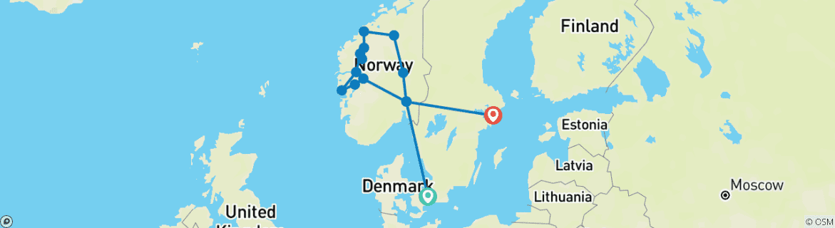 Kaart van Kopenhagen, Noorse Fjorden & Stockholm - 13 dagen