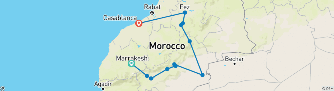 Mapa de Circuito de 7 días de Marrakech a Casablanca por el desierto del Sahara